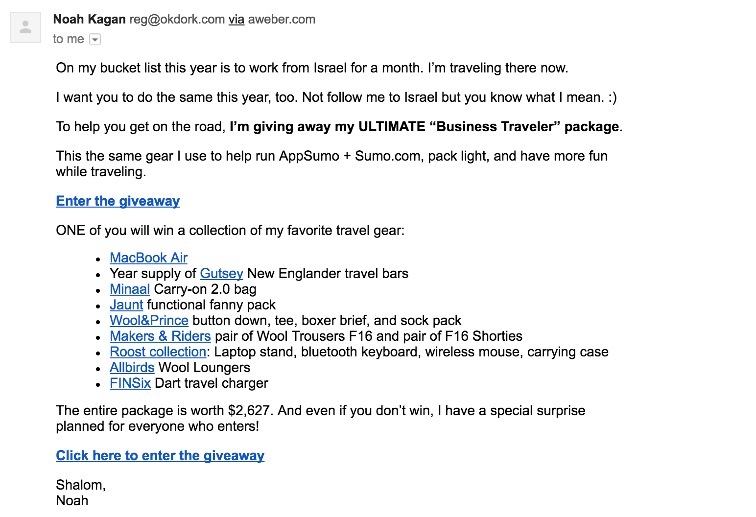 Screenshot showing giveaway email
