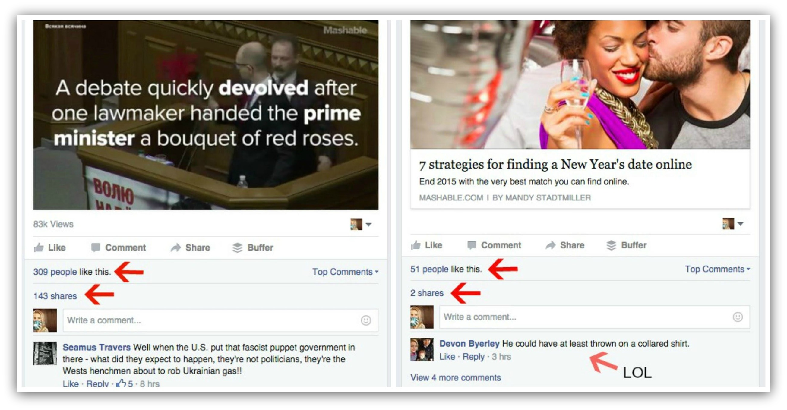 Screenshot showing two facebook posts and their stats