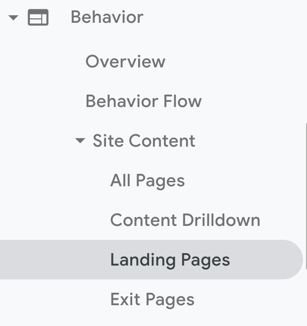 Google Analytics account. Click Behavior > Site Content > Landing Pages.