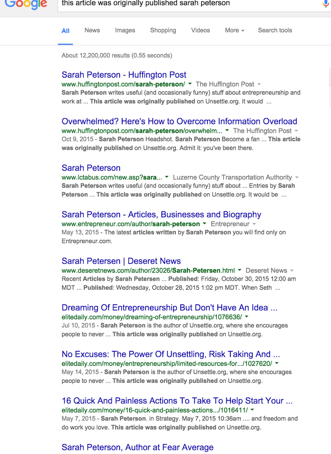 Screenshot of a google search results for "this article was originally published by sarah peterson"