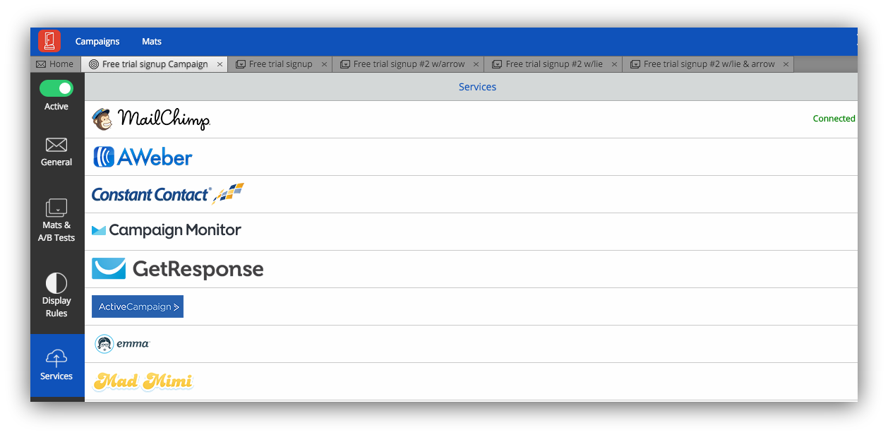 Screenshot of the supported mail providers on the Sumo dashboard