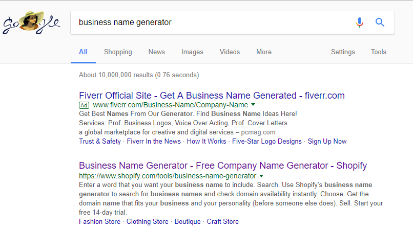 Screenshot showing search results for "business name generator", which includes shopify as the top result
