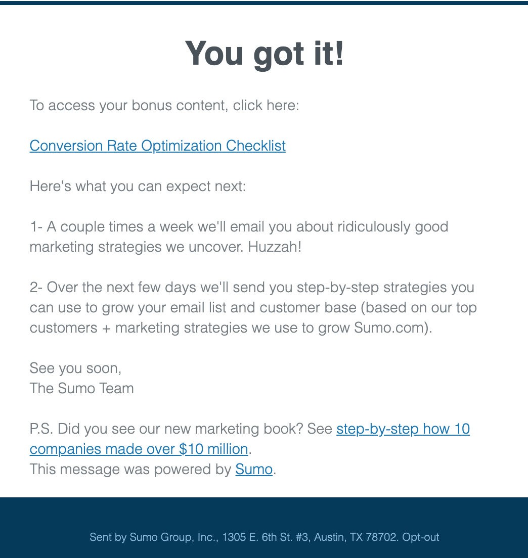 Screenshot showing content upgrade email