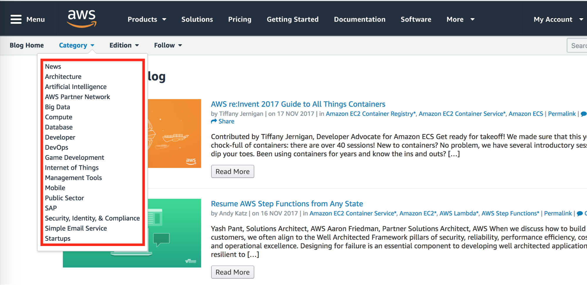 Screenshot showing categories on aws