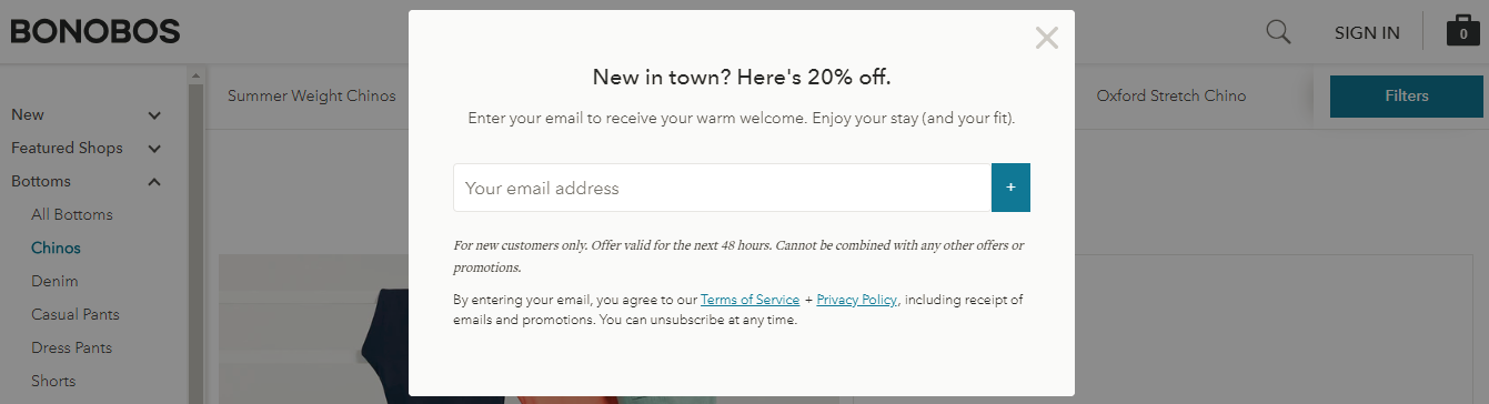 Screenshot showing a discount popup