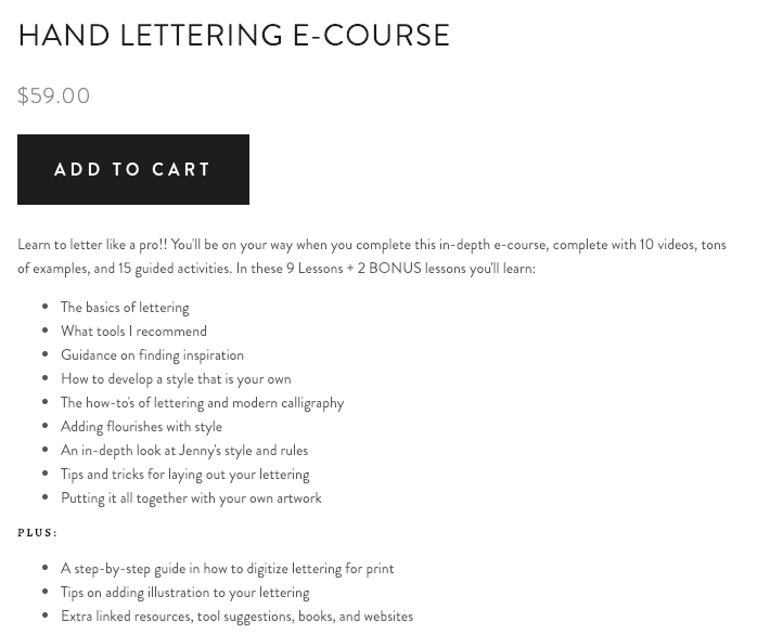 Screenshot showing an e-course product page
