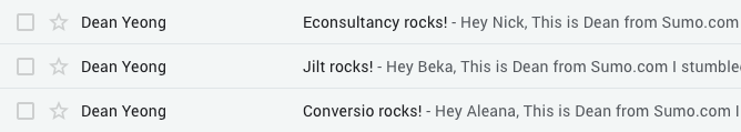 Best Email Subject Lines: Screenshot of email subject lines from Dean Yeong