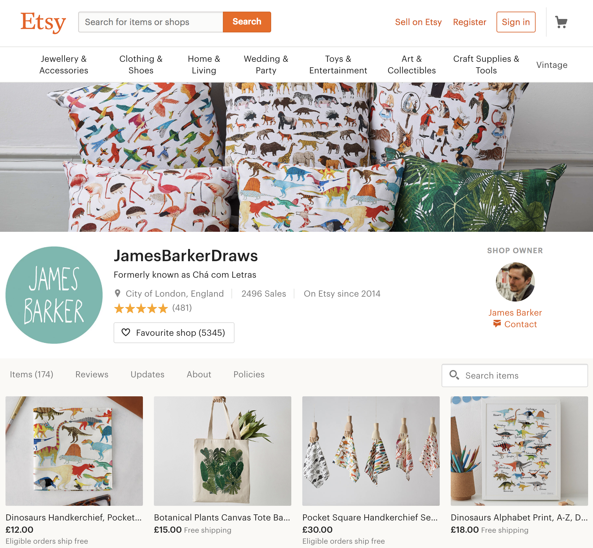 Screenshot showing an Etsy store
