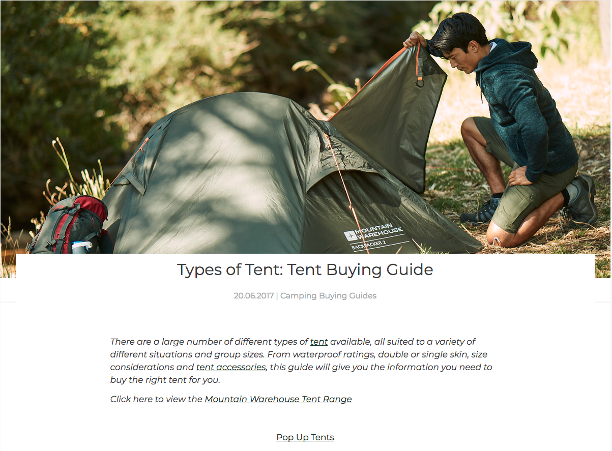 Screenshot showing content about buying a tent