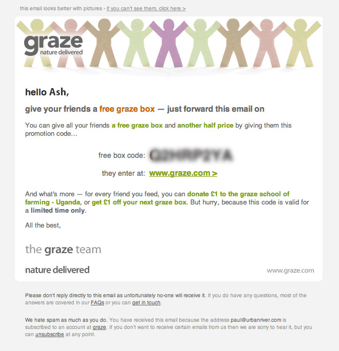Screenshot showing an email sent by graze