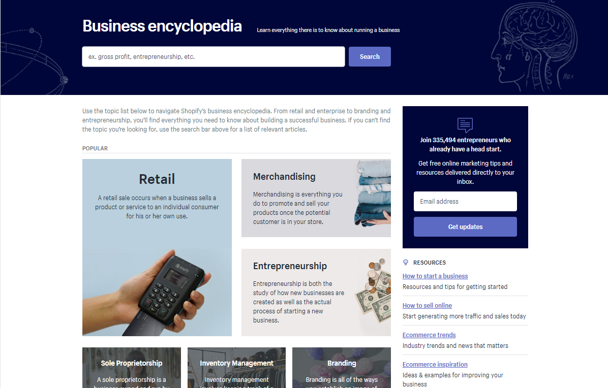 Screenshot showing the "business encyclopedia" on shopify