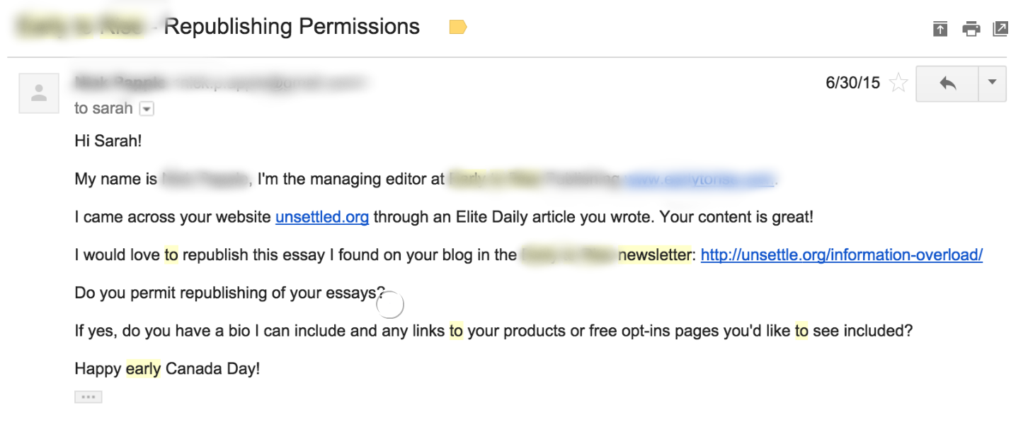 Screenshot of an email sent by a company asking to republish some content