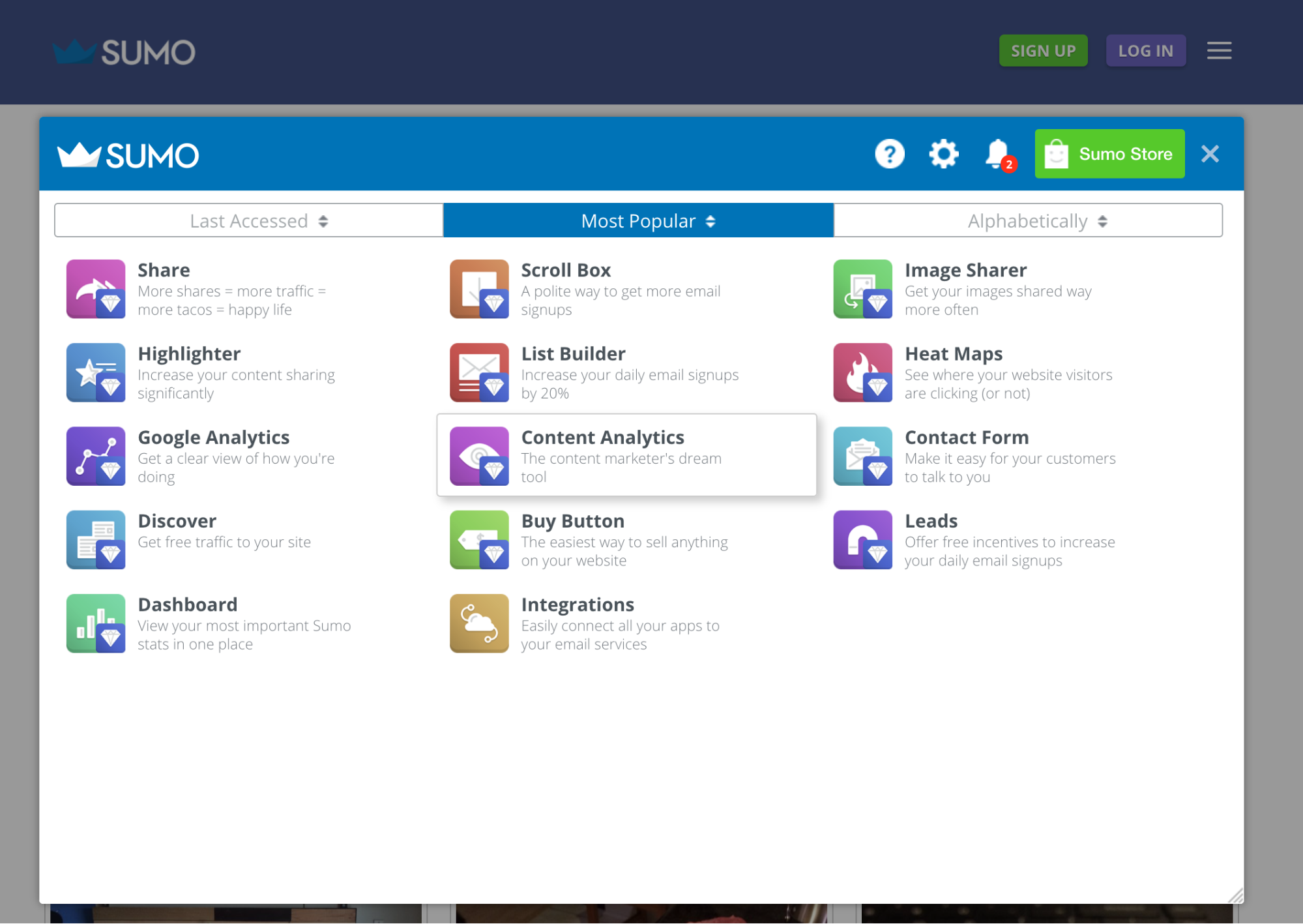 Screenshot showing Sumo apps page