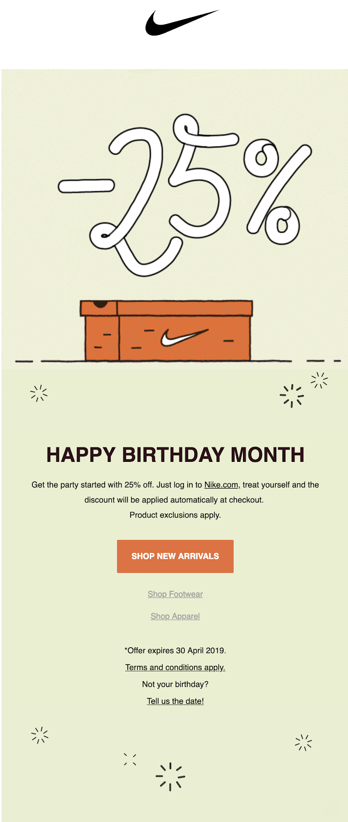 Screenshot of birthday-centric discount offer email from Nike