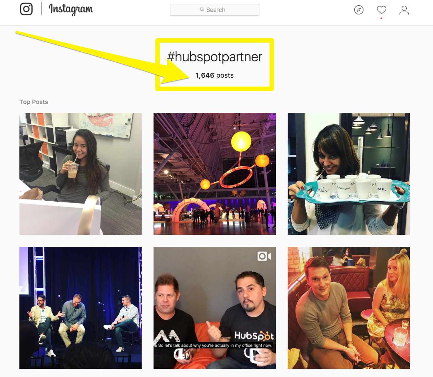 Screenshot showing instagram results for #hubspotpartner