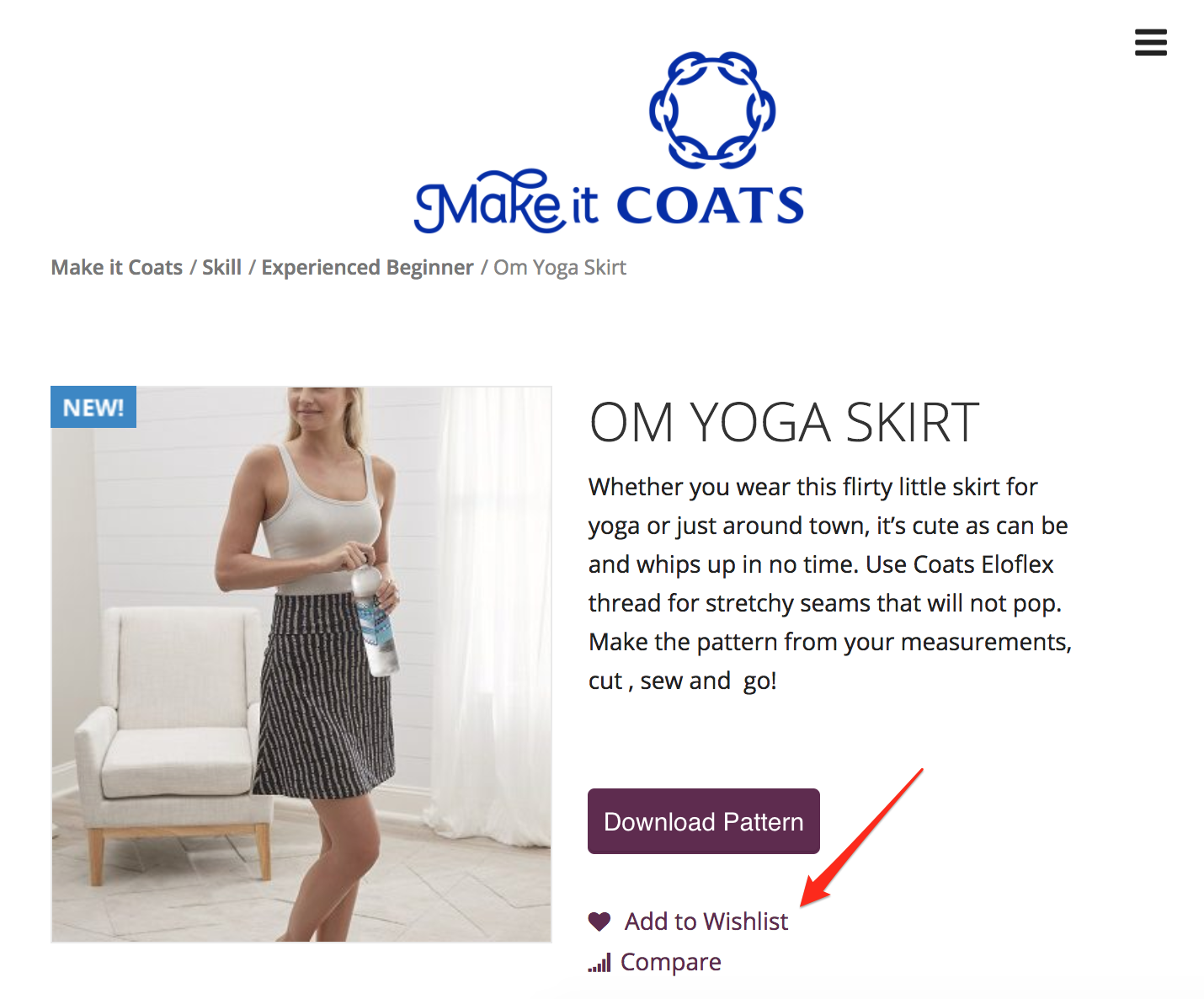 Screenshot showing a product page for a skirt
