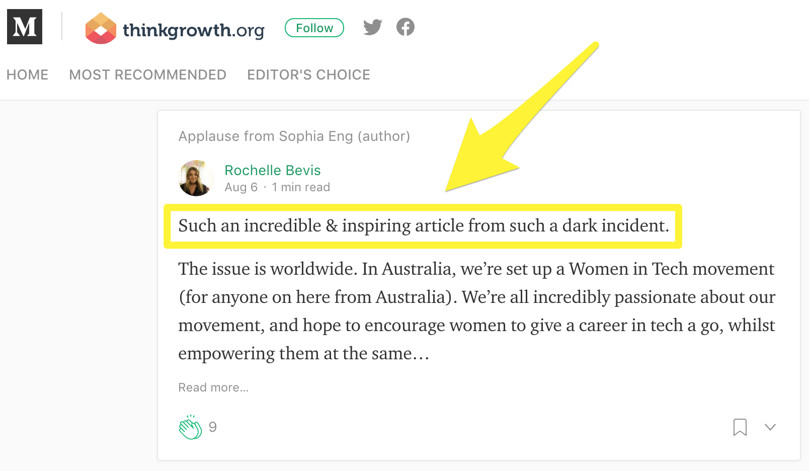 Screenshot showing a comment to an rticle by hubspot
