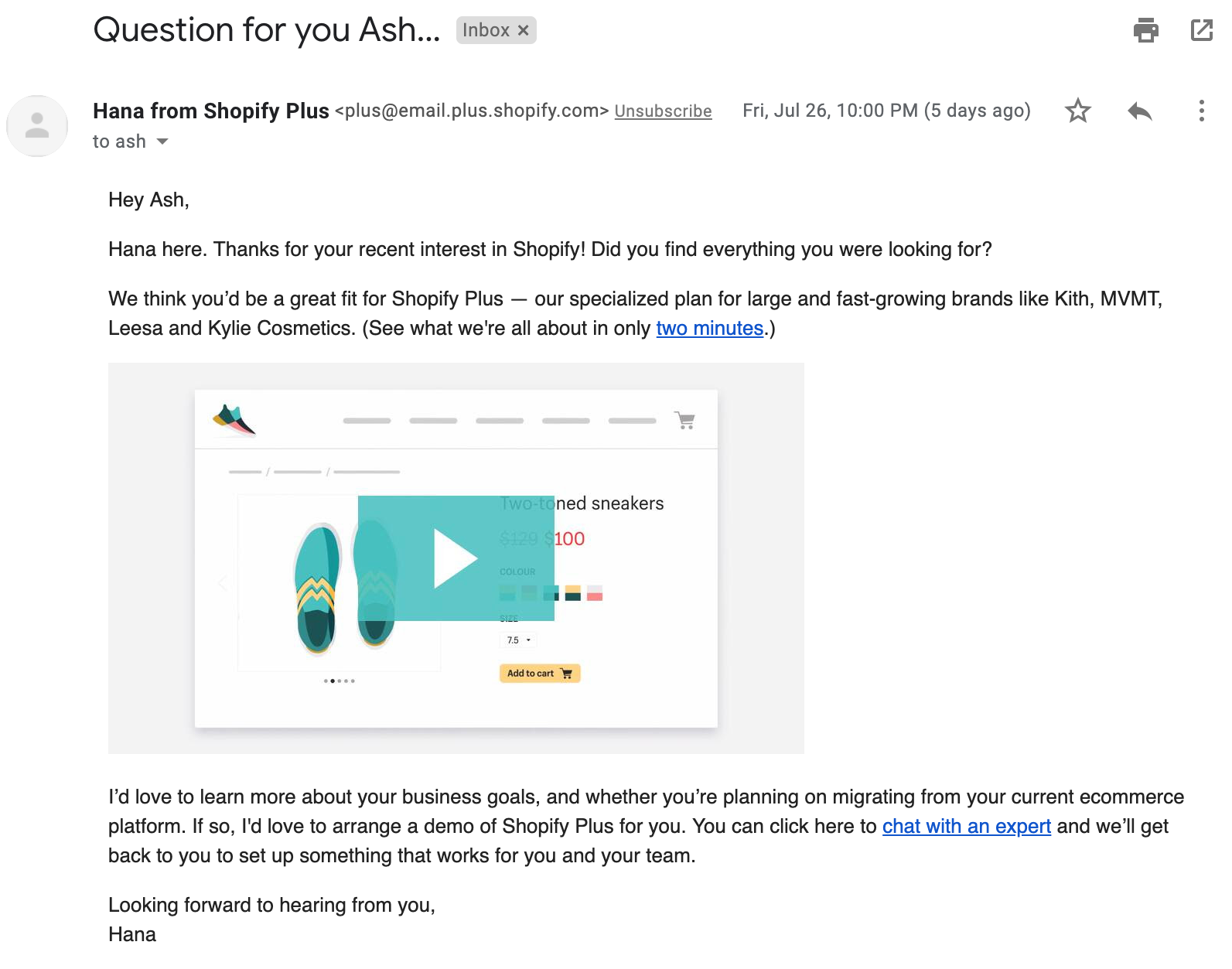 Screenshot of email from Shopify Plus