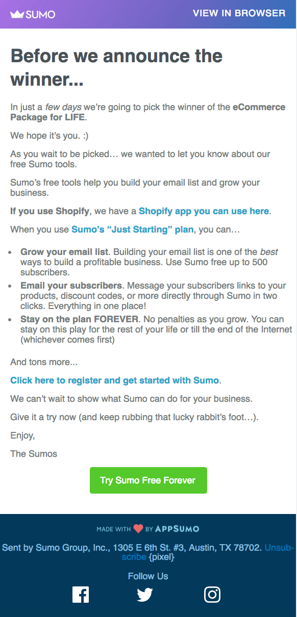 Screenshot showing an email sent by Sumo
