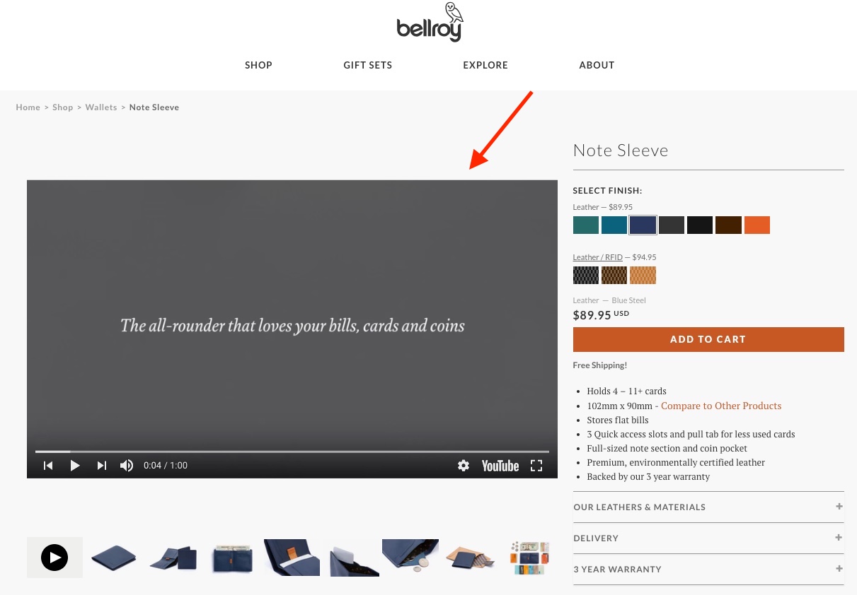 Screenshot showing a product page with a video