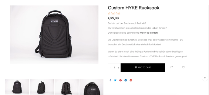 Screenshot showing Hyke product page