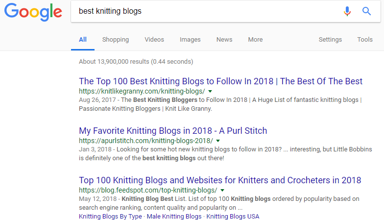 Screenshot showing google search results for "best knitting blogs"