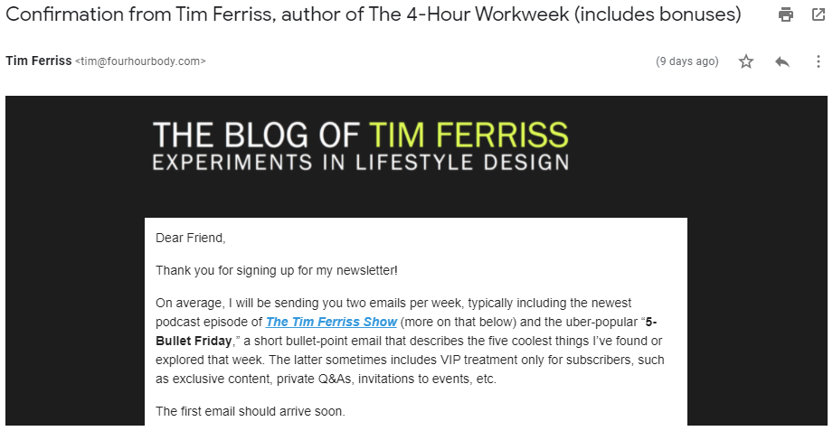 Confirmation email from Tim Ferris