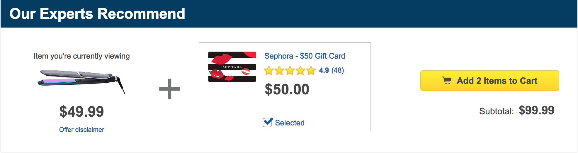 Screenshot showing recommended products