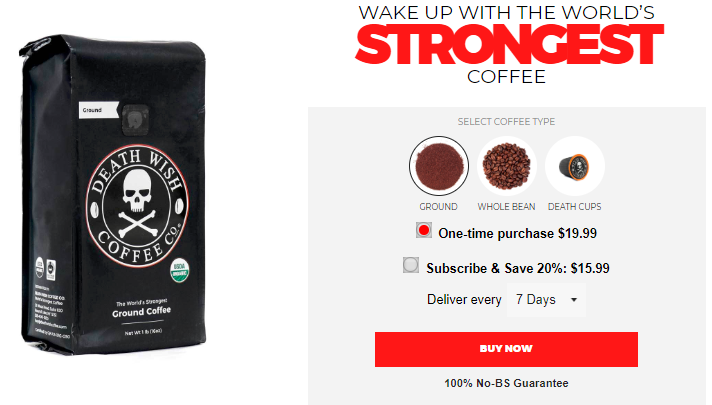 Screenshot of use of trigger words in product name by Death Wish Coffee