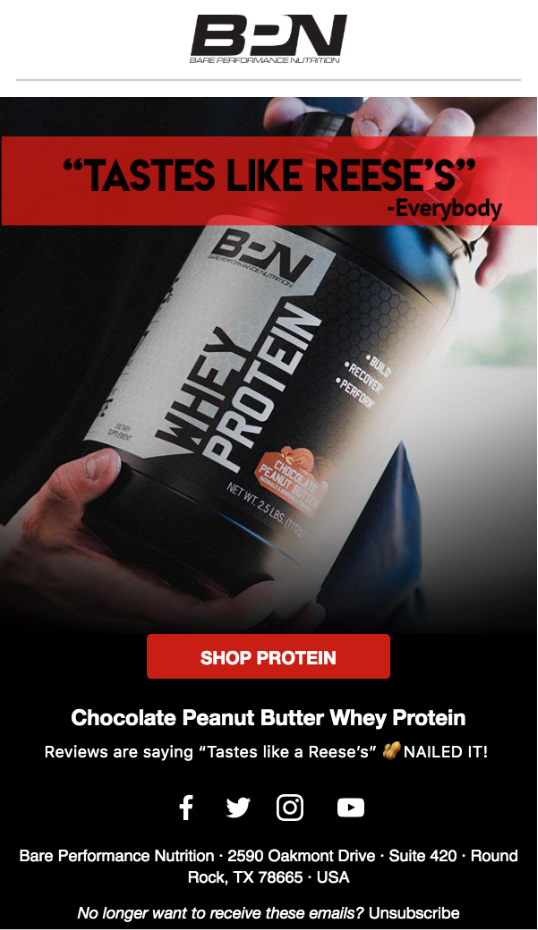 Screenshot of Instagram product email by Bare Performance Nutrition