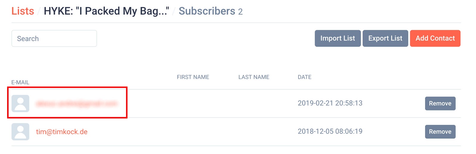Screenshot showing subscribers for an email list