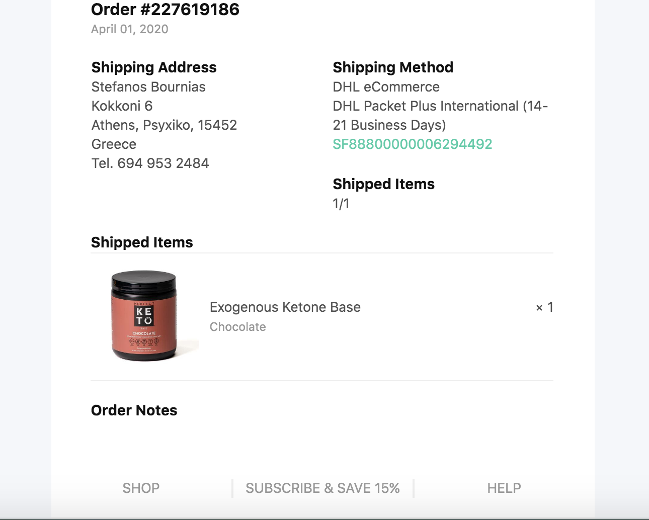 Order confirmation by Perfect Keto