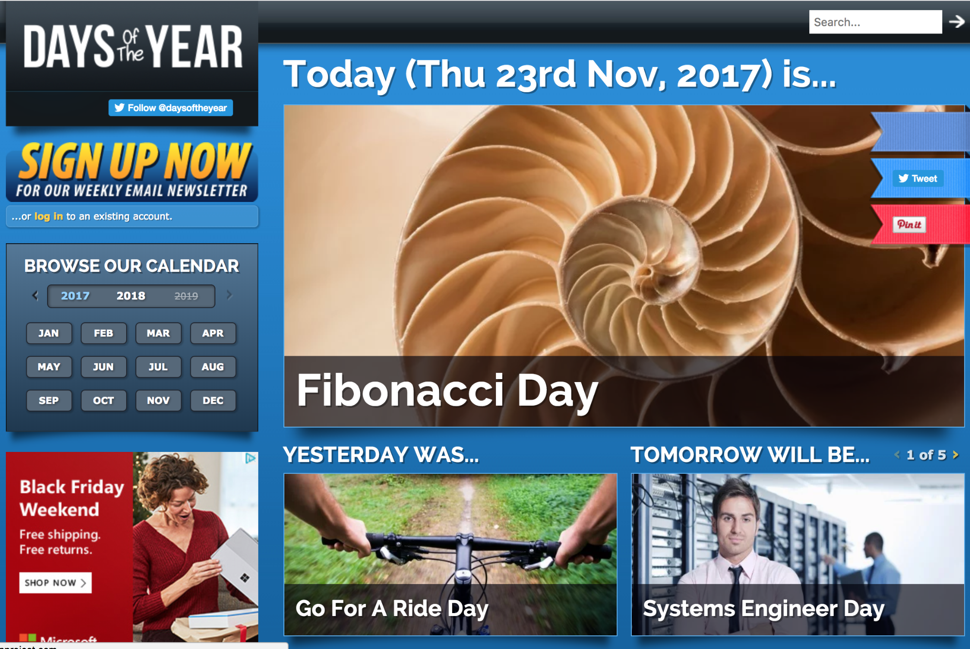 Screenshot showing "days of the year" landing page