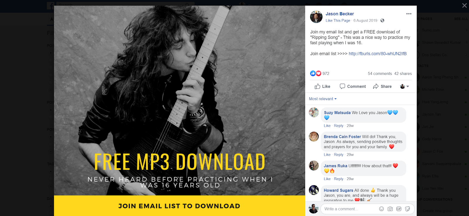 How To Build An Email List: Screenshot of Facebook post from Jason Becker