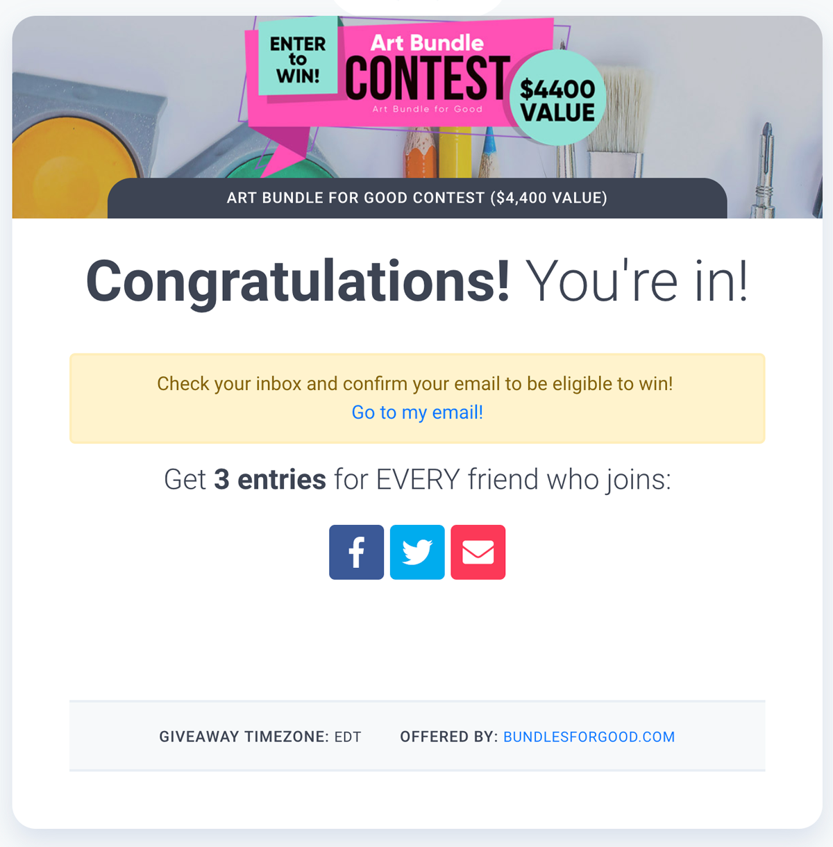 Screenshot showing a confirmation page for a sweepstakes