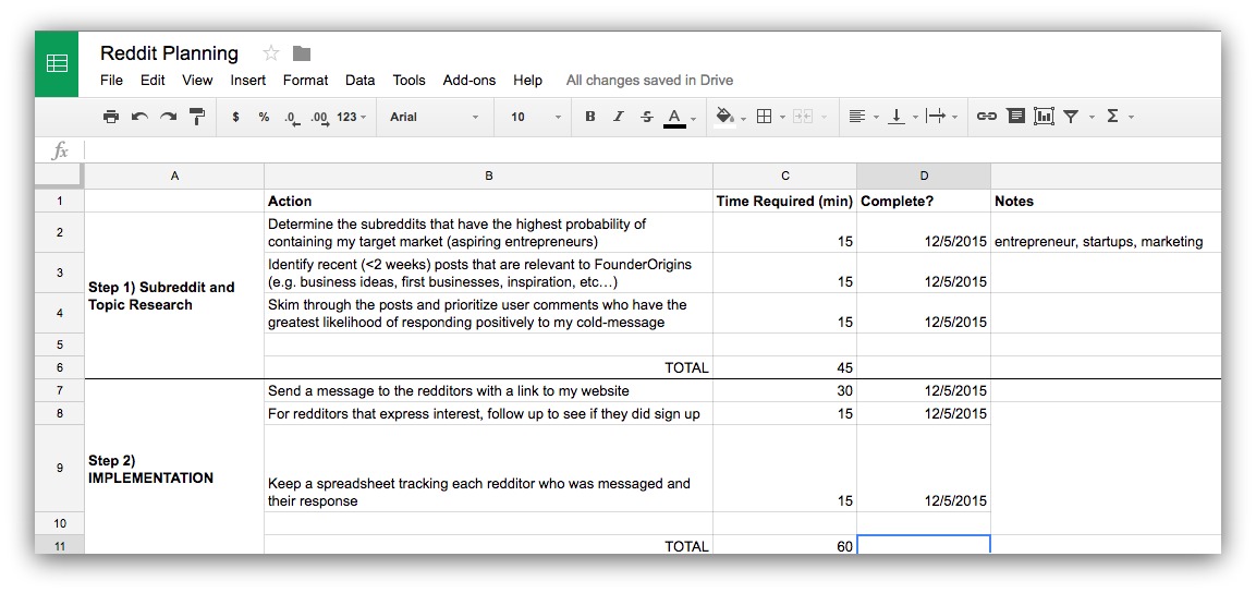 Screenshot of the marketing planning strategy spreadsheet