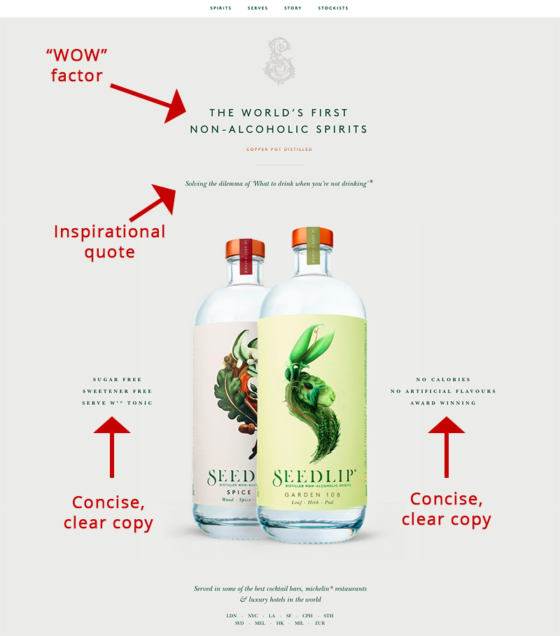 Screenshot showing a landing page for a drink product