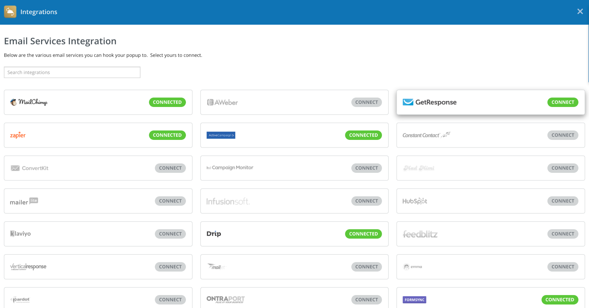 Screenshot showing Sumo integrations page