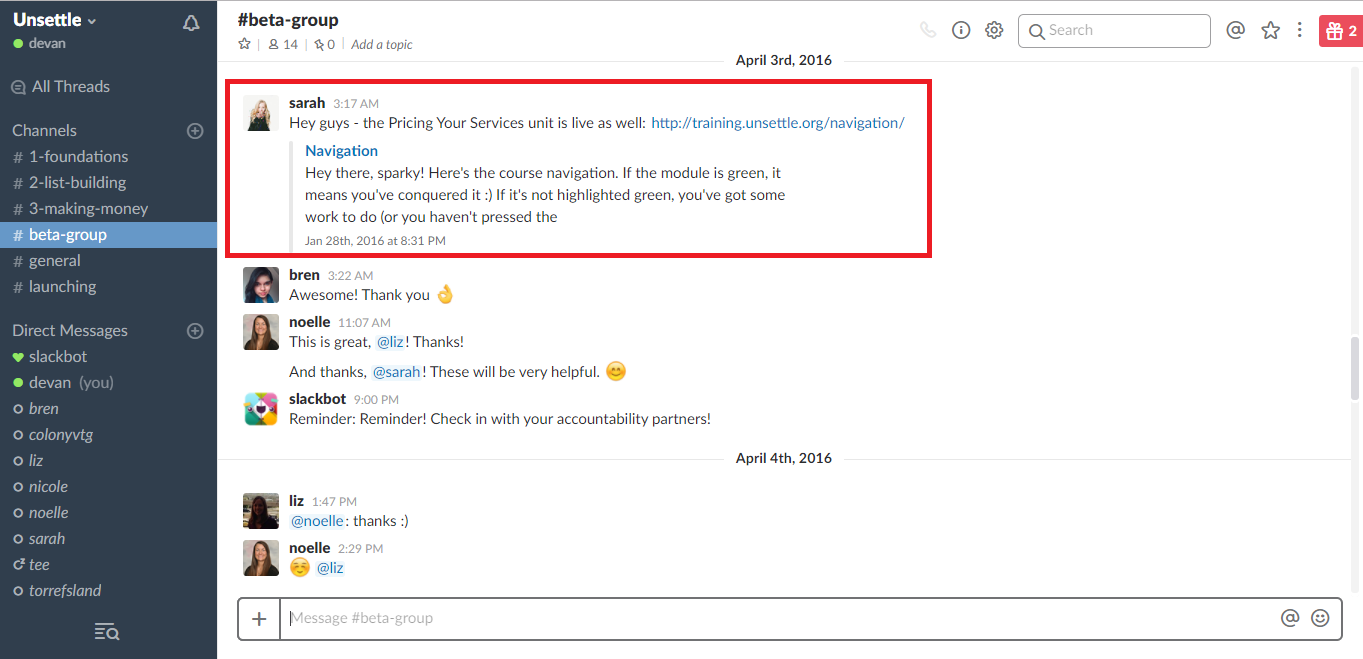 Screenshot showing a Slack conversation