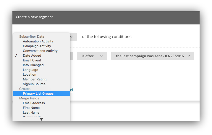 Screenshot of the create a new segment option on the mailchimp dashboard