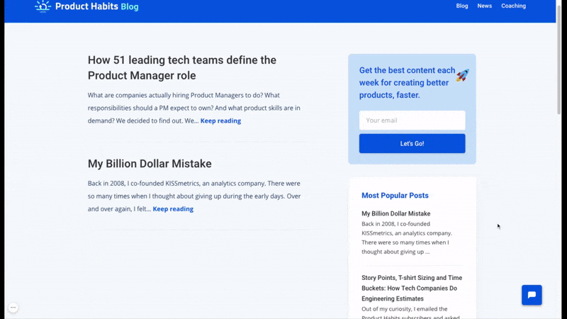Screenshot of how Product Habits uses the two-column layout in the blog list page where readers are browsing instead of reading and single-column layout for the blog posts to keep readers