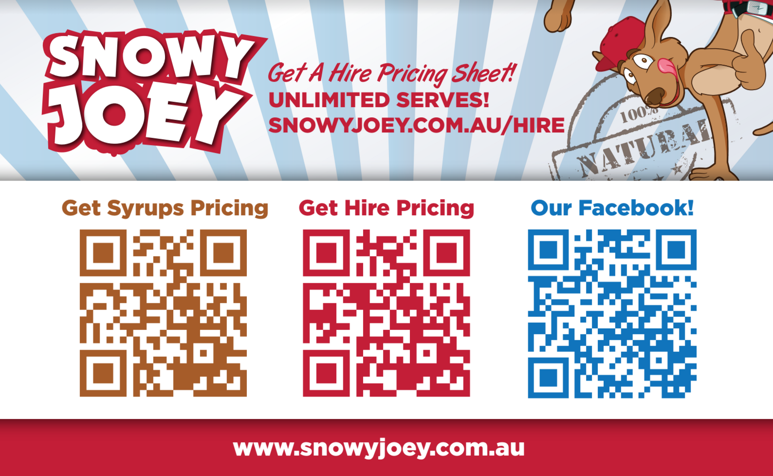 Screenshot showing a Snowy Joey flyer with QR codes to different links