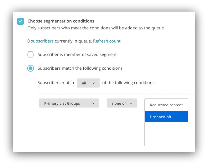 Screenshot showing how you can choose segmentation conditions on Mailchimp
