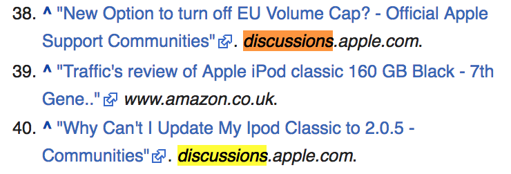 Screenshot showing the references on a wikipedia article