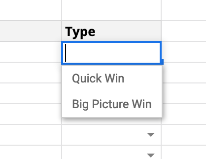 spreadsheet Type:  ‘Quick Win’ or ‘Big Picture Win’