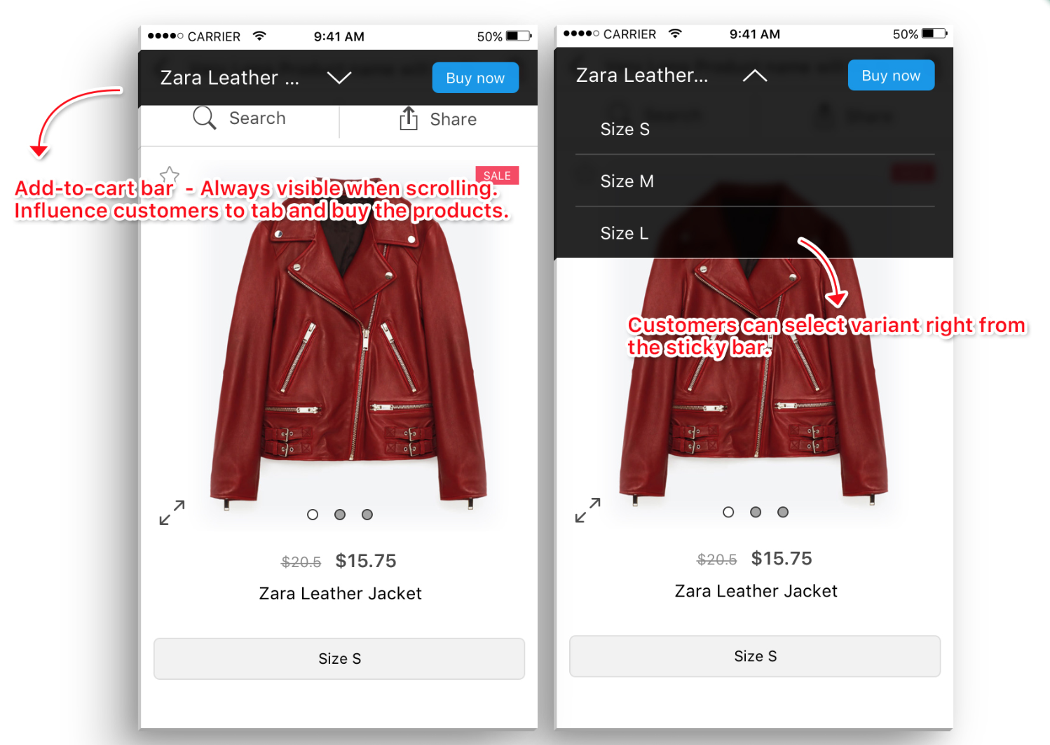 Screenshot showing a sticky bar on an ecommerce store