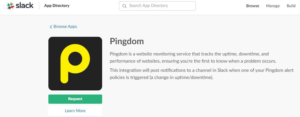 Screenshot showing the Pingdom plugin on the Slack app directory