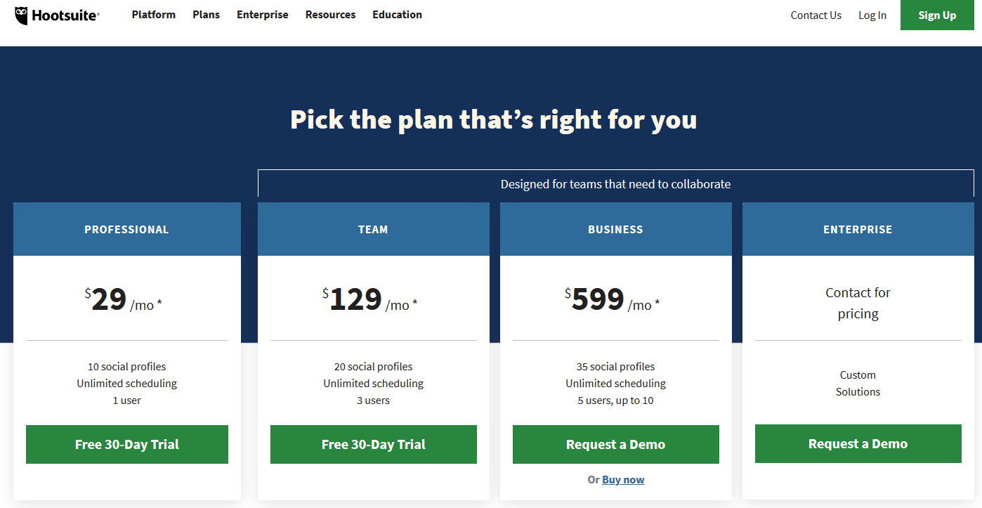 How To Build An Email List: Screenshot of Hootsuite pricing page