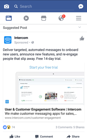 Screenshot showing a facebook post by intercom