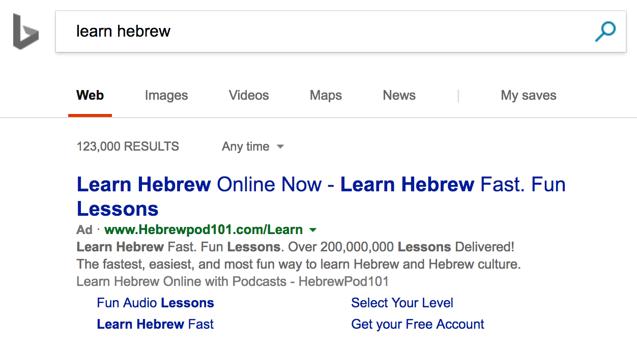Screenshot of a bing search for "learn hebrew"